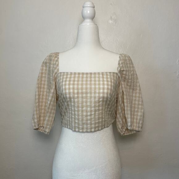 H&M – Gingham Check Linen Cotton Blend Puff Sleeve Open Back Blouse - Picture 2 of 9